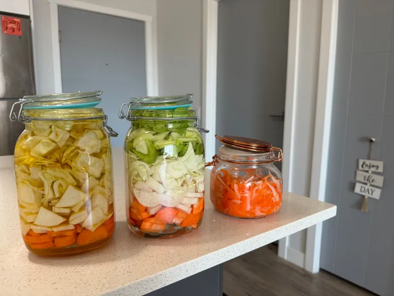Buntes, fermentiertes Gemüse in Einmachgläsern steht auf einer Küchenanrichte.