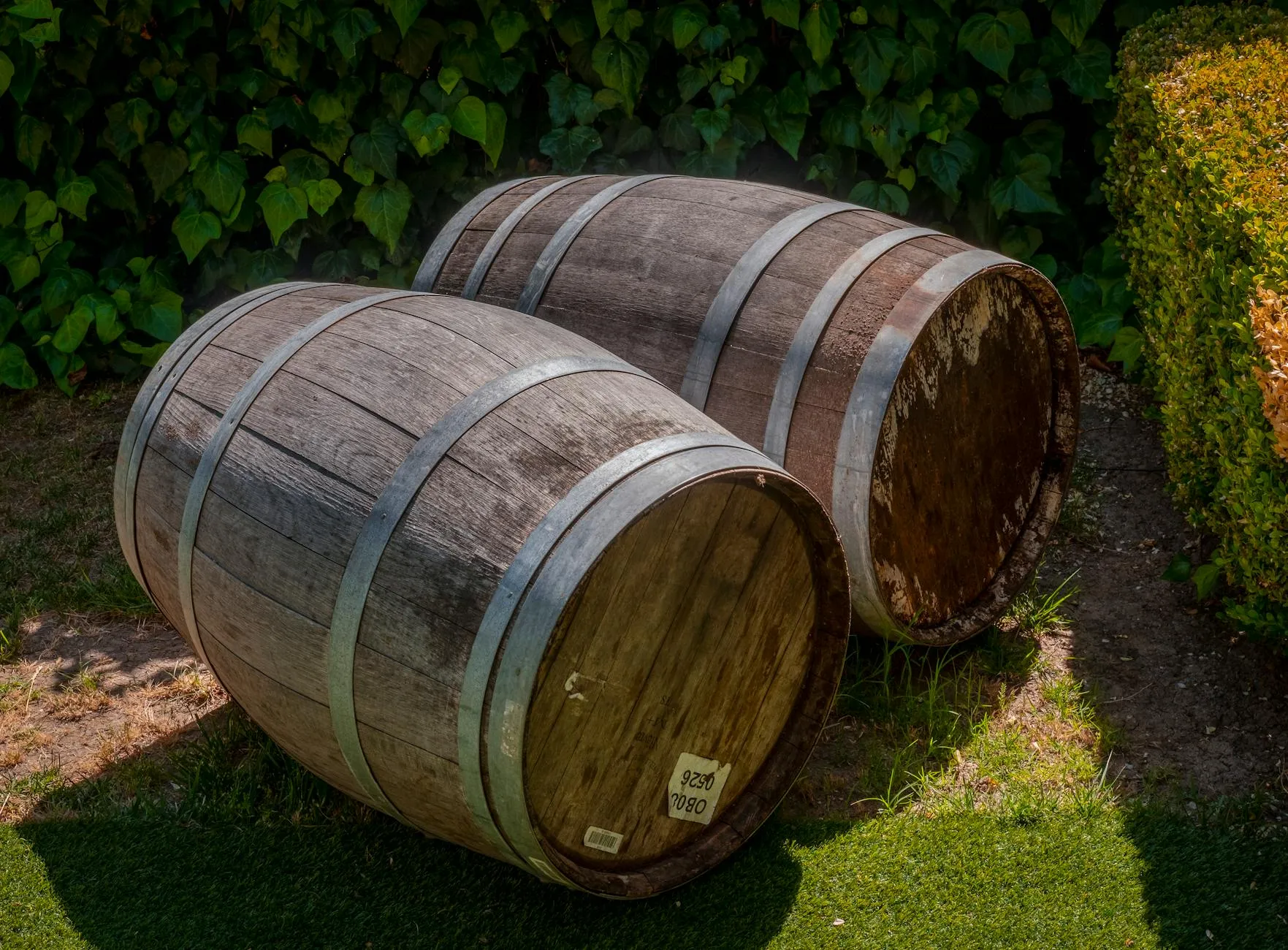 Zwei hölzerne Regentonnen im Garten, umgeben von Grünpflanzen